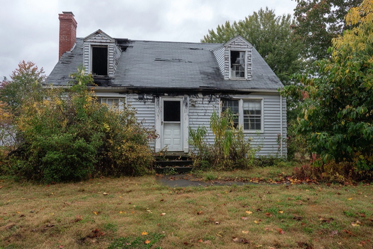 Cape cod style fire damaged home for sale in New Hampshire