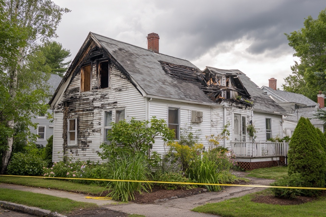 Fire damaged colonial style house in New Hampshire residential neighborhood