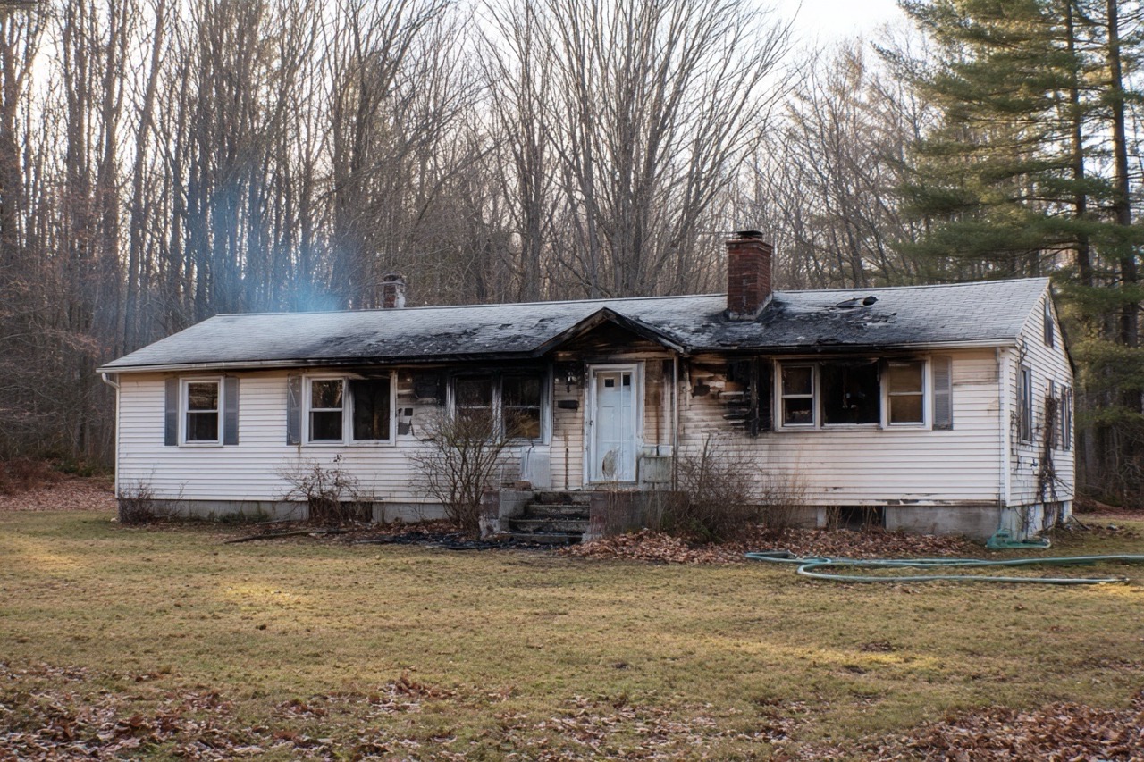 Fire damaged ranch style property in New Hampshire requiring quick sale