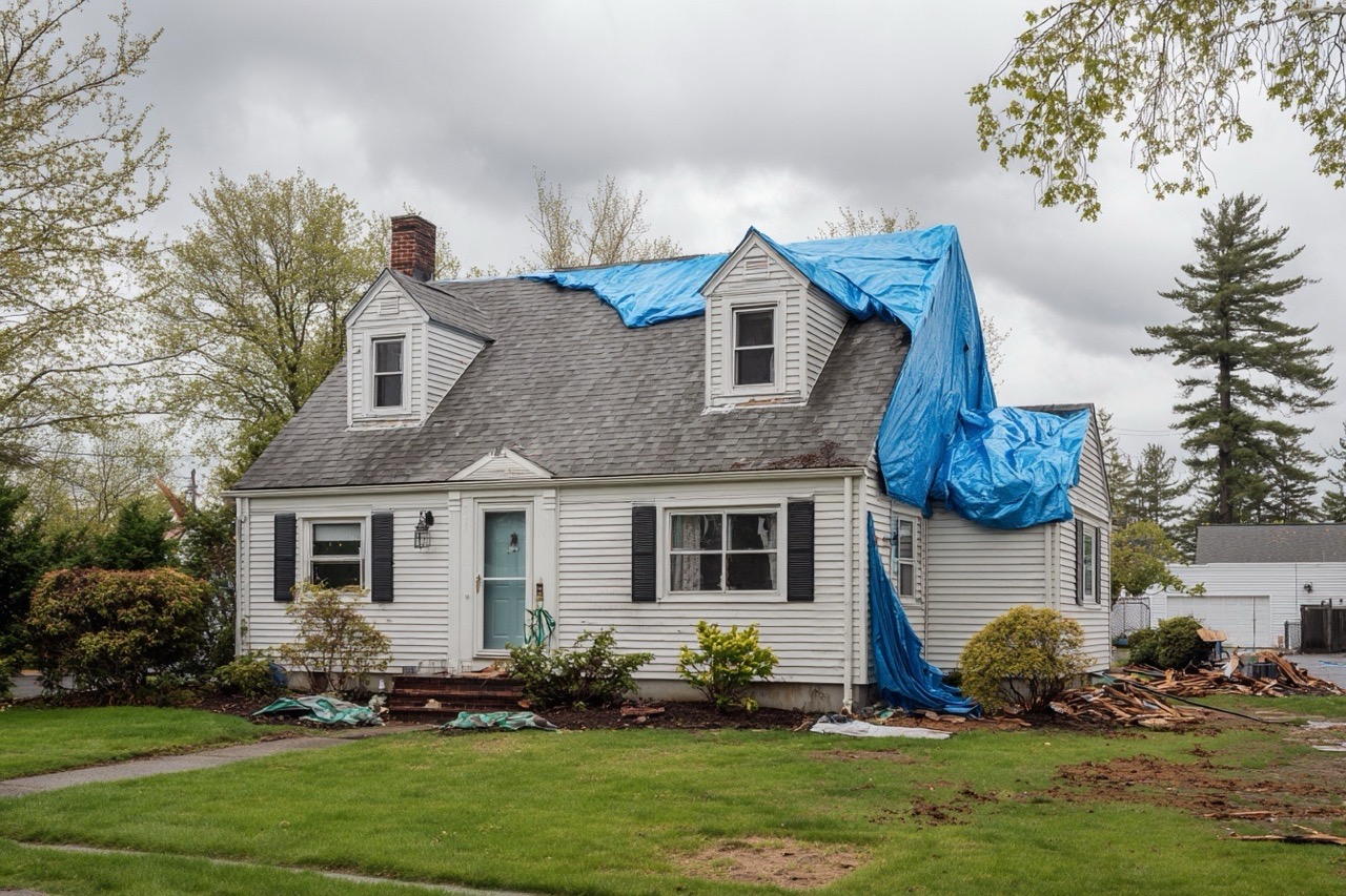 Ranch style home in New Hampshire showing storm damage repairs