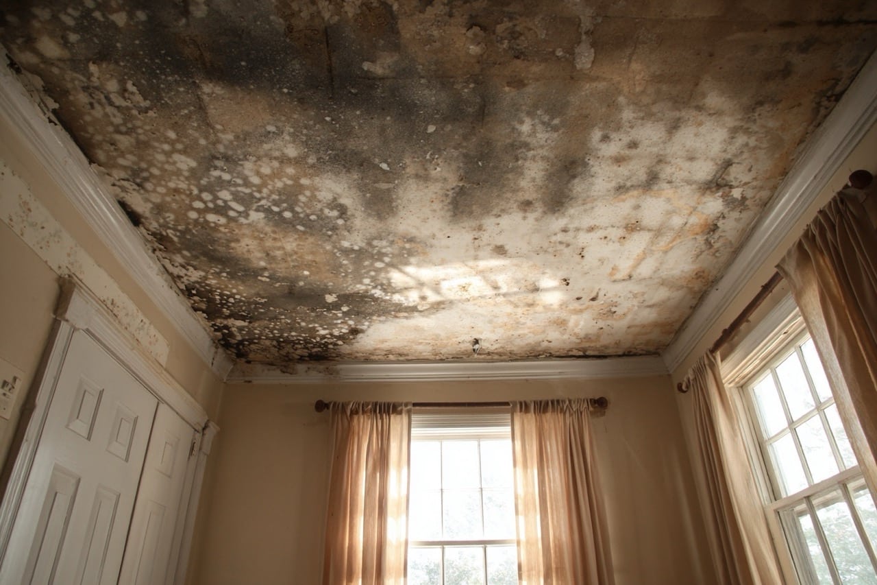 Water damaged roof and ceiling from storm in New Hampshire home