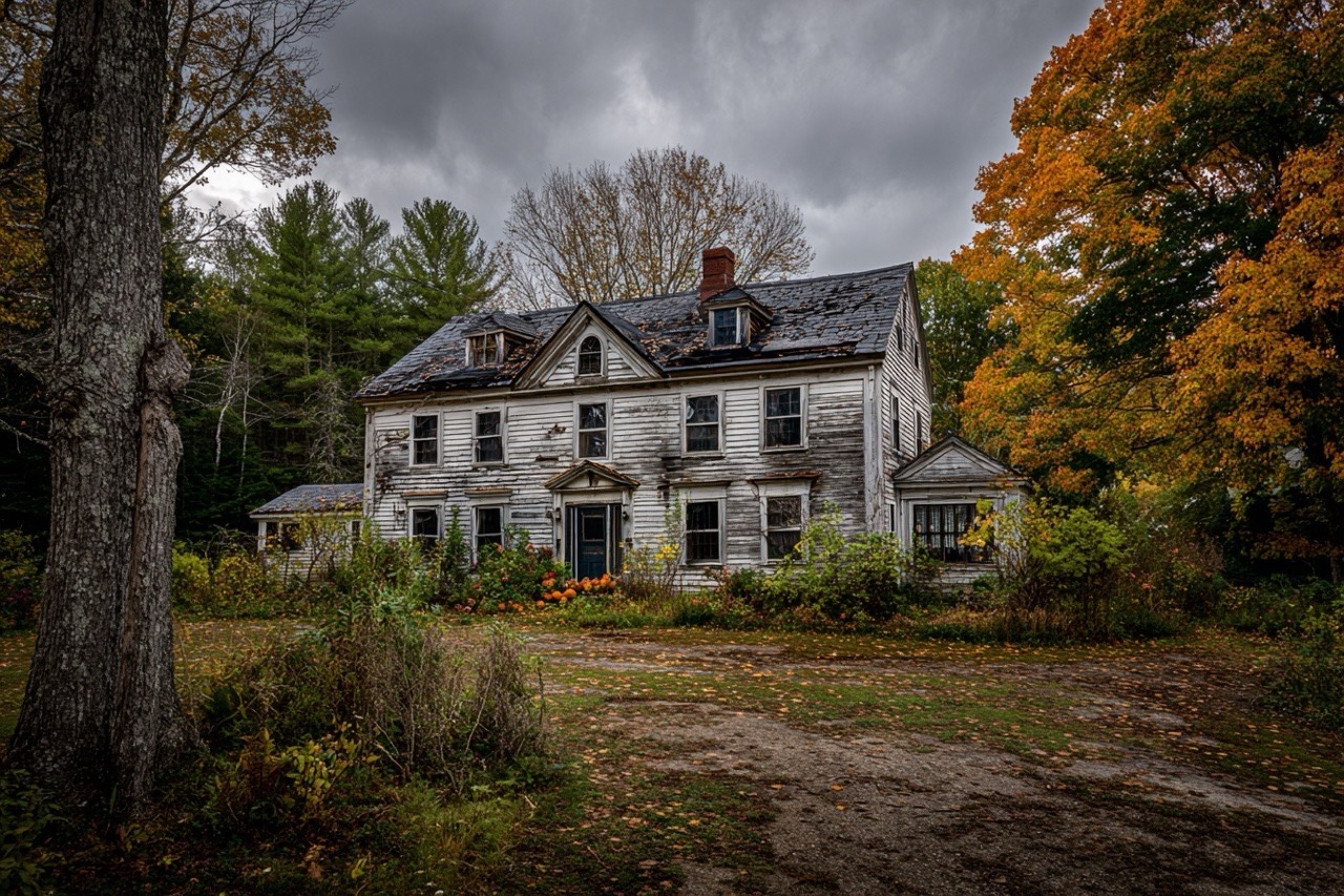 Storm damaged colonial house in New Hampshire with visible exterior damage