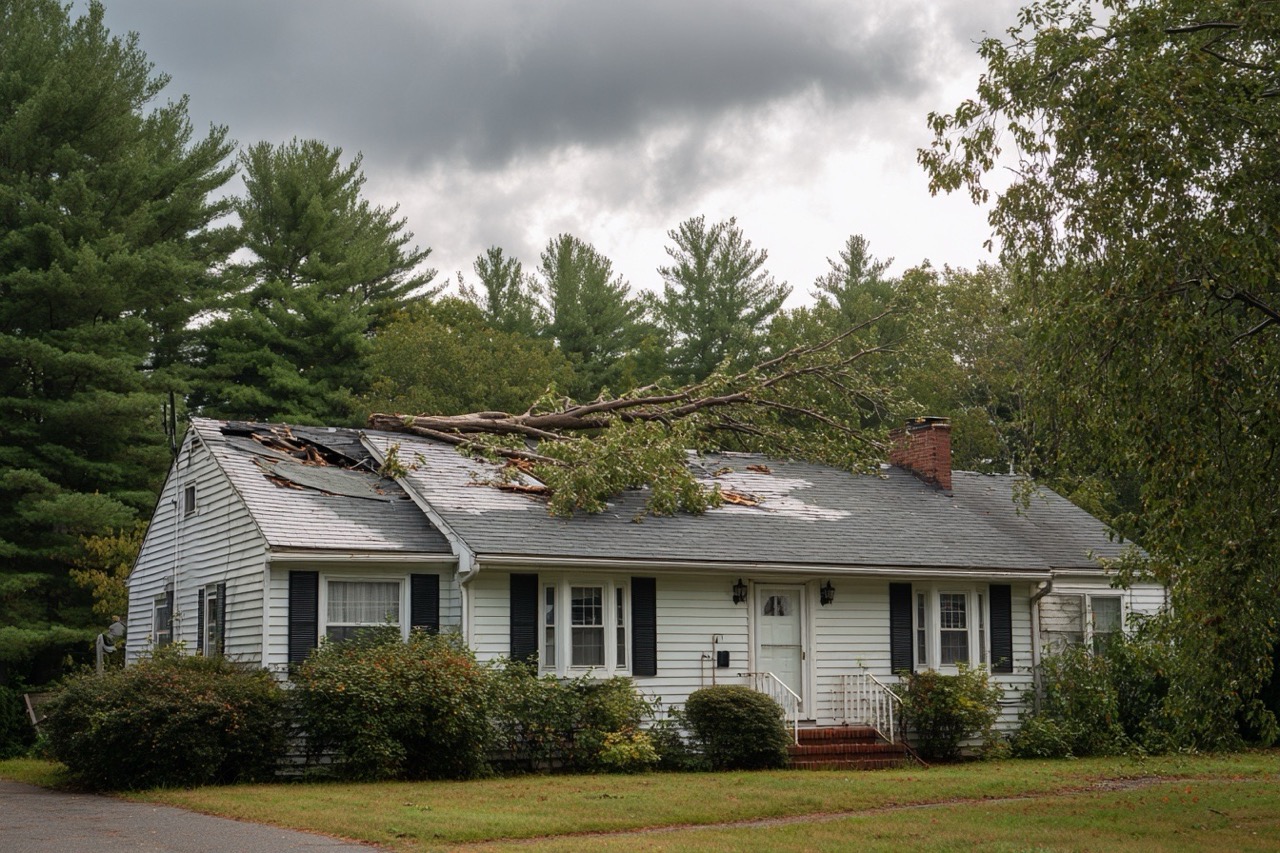 New Hampshire home with fallen tree damage from severe storm
